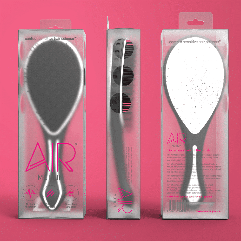 Packaging mockup for a new hairbrush called Air Motion