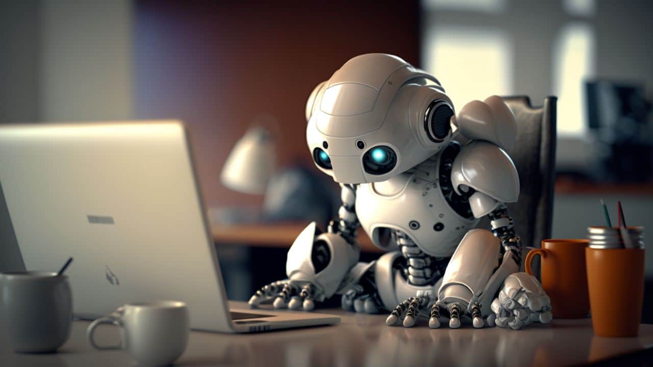 An illustration of an AI robot looking at product design on a laptop